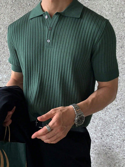 Solid Color Rib-Knit Polo Shirt for Men by Sinai