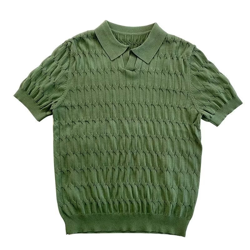 Men's Casual Jacquard Knit Polo Shirt - Solid Color Slim Fit Short Sleeve Polo Tee