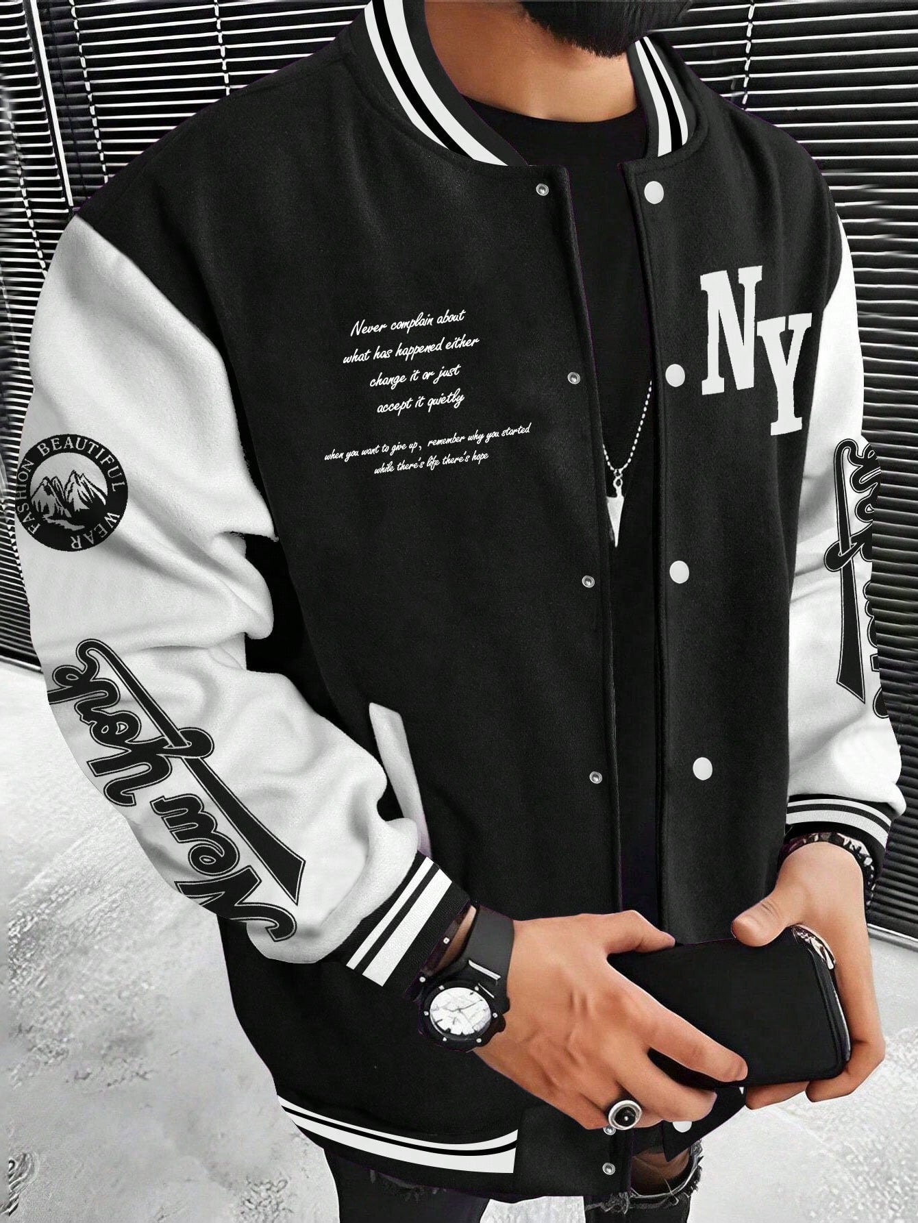 Manfinity Sporsity Men'S Slogan Print Color Block Baseball Jacket