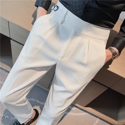 2023 Brand Clothing Men Spring Stylecasual Nine Cent Trousers/Male Slim Fit High-Grade Pure Cotton Stripe Suit Pants Black Gray