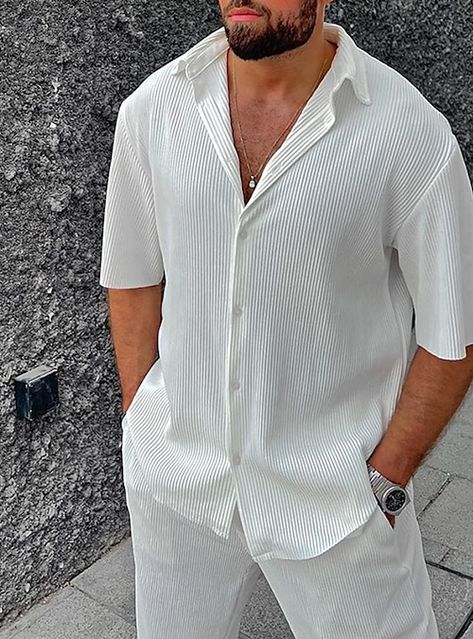 Sinai Aura Men's Beach Casual Two-Piece Set: Lapel Button-Up Shirt + Long Pants
