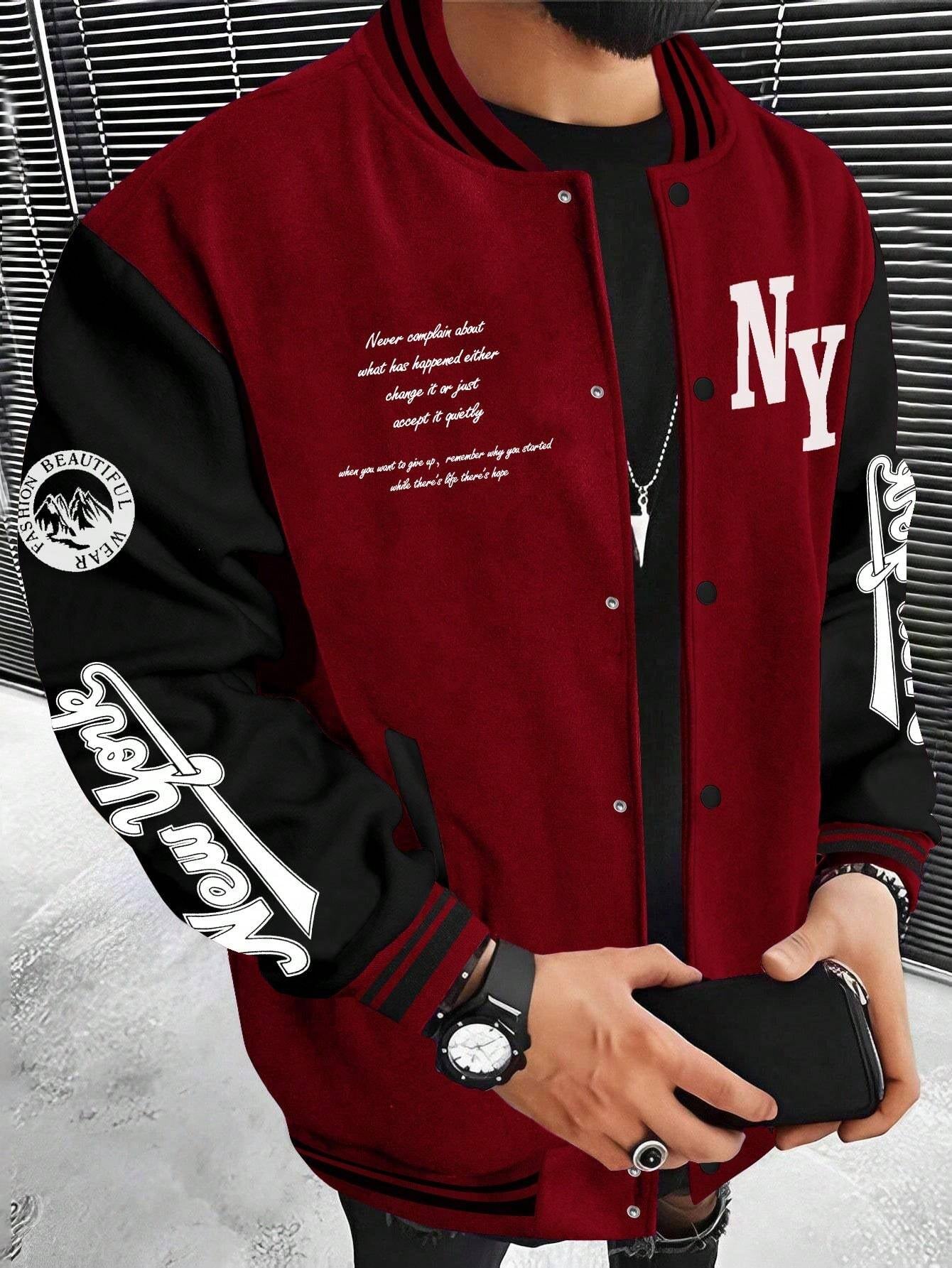 Manfinity Sporsity Men'S Slogan Print Color Block Baseball Jacket