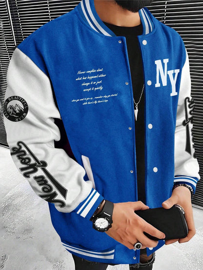 Manfinity Sporsity Men'S Slogan Print Color Block Baseball Jacket