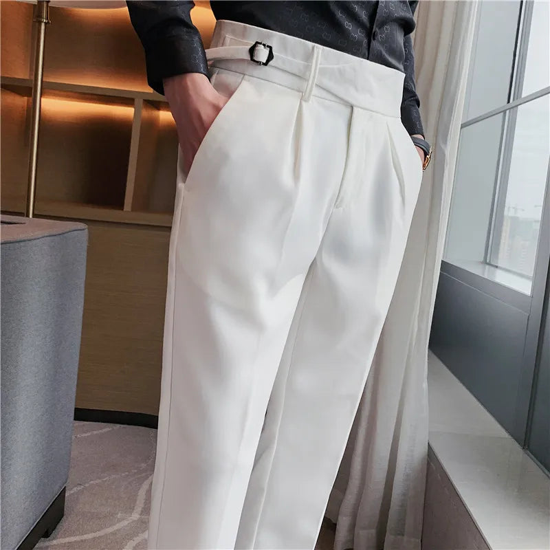 2023 Brand Clothing Men Spring Stylecasual Nine Cent Trousers/Male Slim Fit High-Grade Pure Cotton Stripe Suit Pants Black Gray