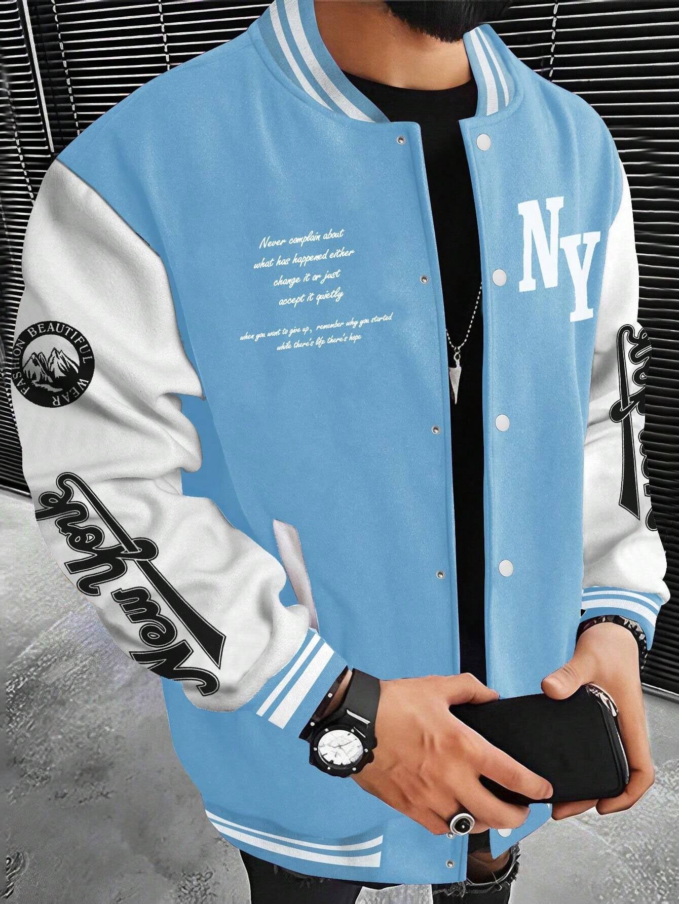 Manfinity Sporsity Men'S Slogan Print Color Block Baseball Jacket