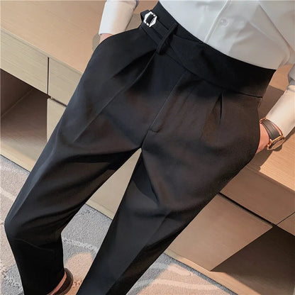 2023 Brand Clothing Men Spring Stylecasual Nine Cent Trousers/Male Slim Fit High-Grade Pure Cotton Stripe Suit Pants Black Gray