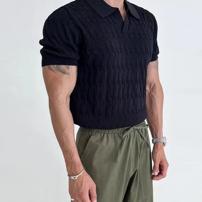 Men's Casual Jacquard Knit Polo Shirt - Solid Color Slim Fit Short Sleeve Polo Tee