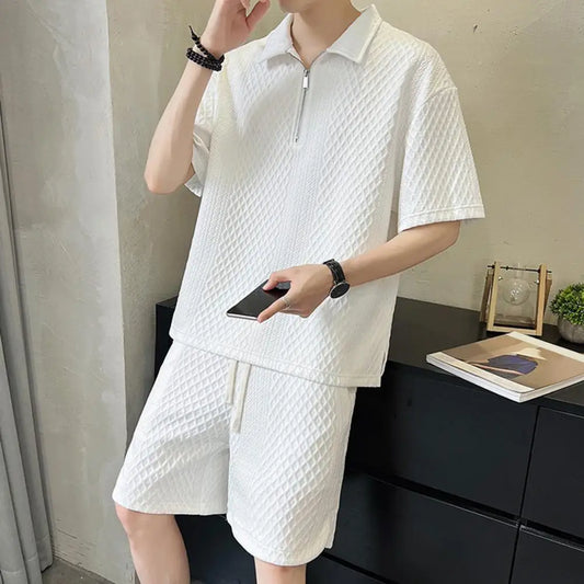 Sinai Aura Men's Casual Outfit Set Zipper Half Placket T-shirt Drawstring Wide Leg Shorts in Solid Color Waffle Texture Ice