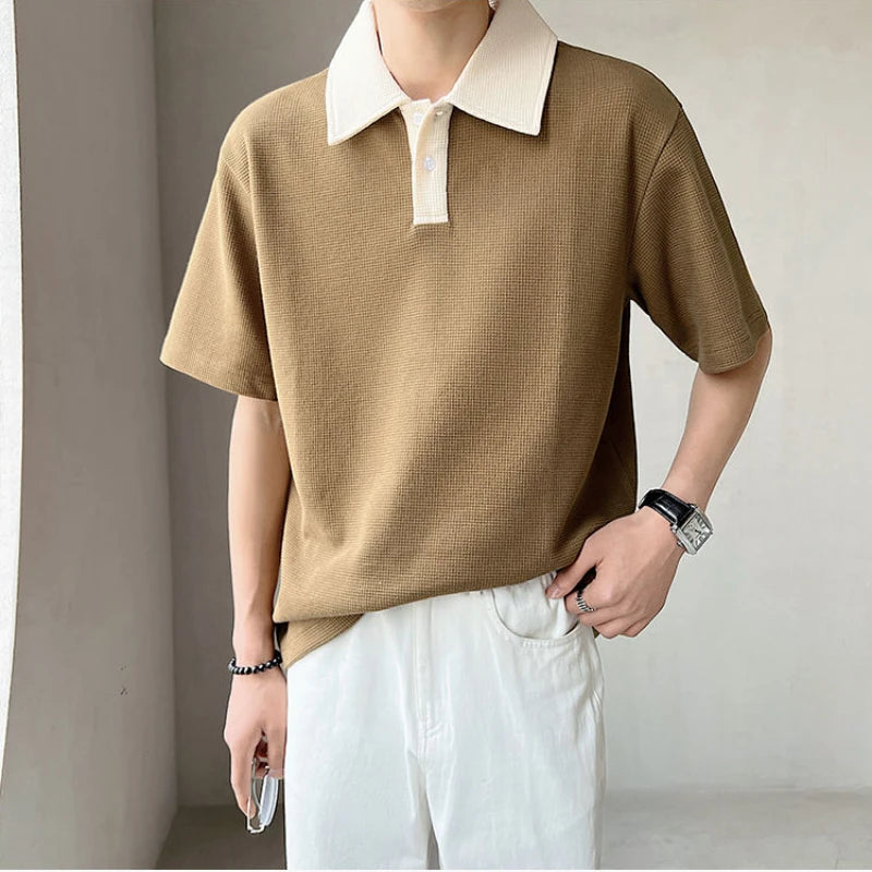 Summer Button Breathable Short Sleeve Waffle Elasticity Turn-down Loose T-Shirt Patchwork Korean Business POLO Oversize Shirt
