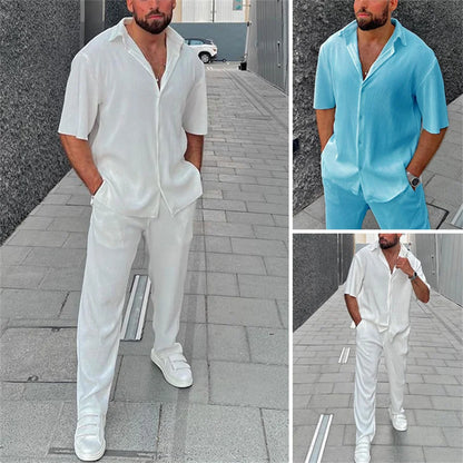 Sinai Aura Men's Beach Casual Two-Piece Set: Lapel Button-Up Shirt + Long Pants