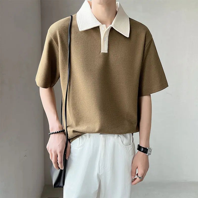 Summer Button Breathable Short Sleeve Waffle Elasticity Turn-down Loose T-Shirt Patchwork Korean Business POLO Oversize Shirt