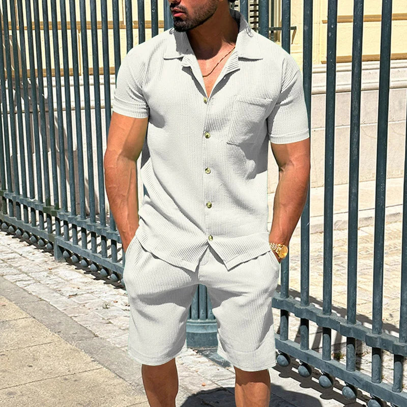 Sinai Aura Vintage Solid Color Men's Two-Piece Set: Short Sleeve Lapel Shirt & Shorts