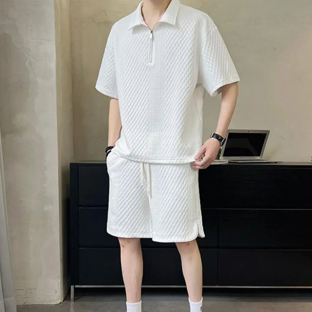 Sinai Aura Men's Casual Outfit Set Zipper Half Placket T-shirt Drawstring Wide Leg Shorts in Solid Color Waffle Texture Ice