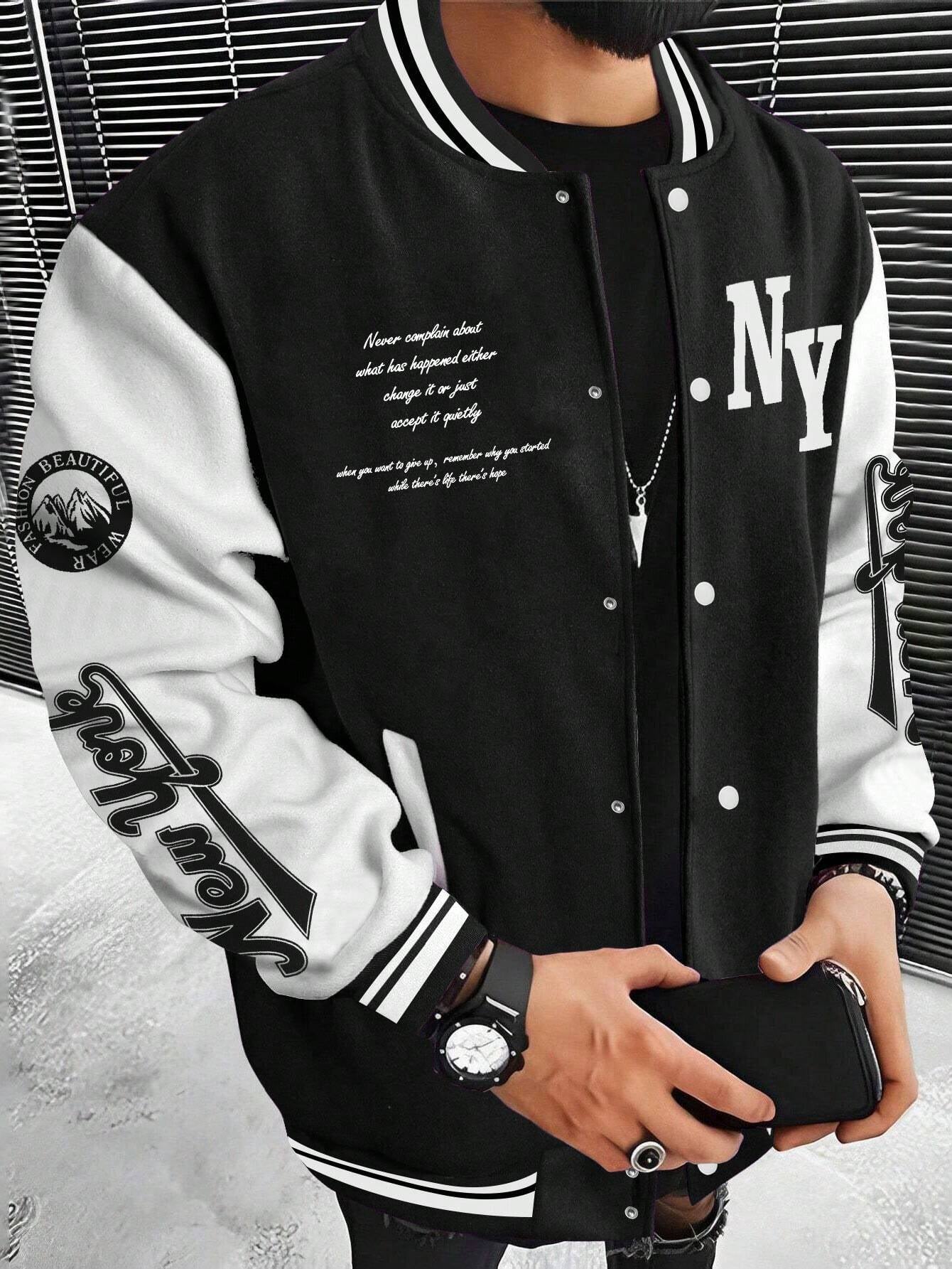 Manfinity Sporsity Men'S Slogan Print Color Block Baseball Jacket