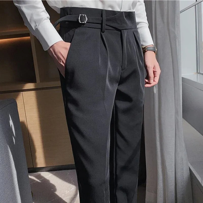 2023 Brand Clothing Men Spring Stylecasual Nine Cent Trousers/Male Slim Fit High-Grade Pure Cotton Stripe Suit Pants Black Gray