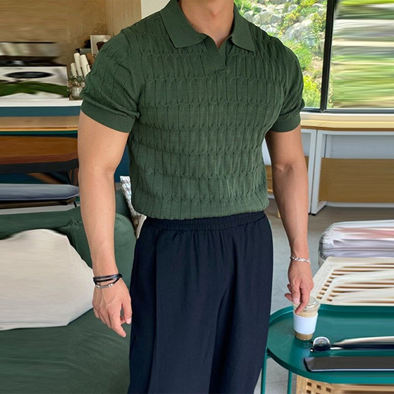 Men's Casual Jacquard Knit Polo Shirt - Solid Color Slim Fit Short Sleeve Polo Tee