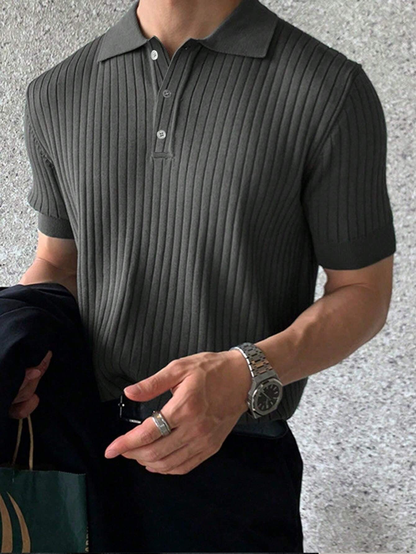 Solid Color Rib-Knit Polo Shirt for Men by Sinai