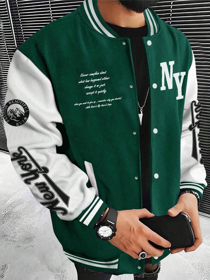 Manfinity Sporsity Men'S Slogan Print Color Block Baseball Jacket