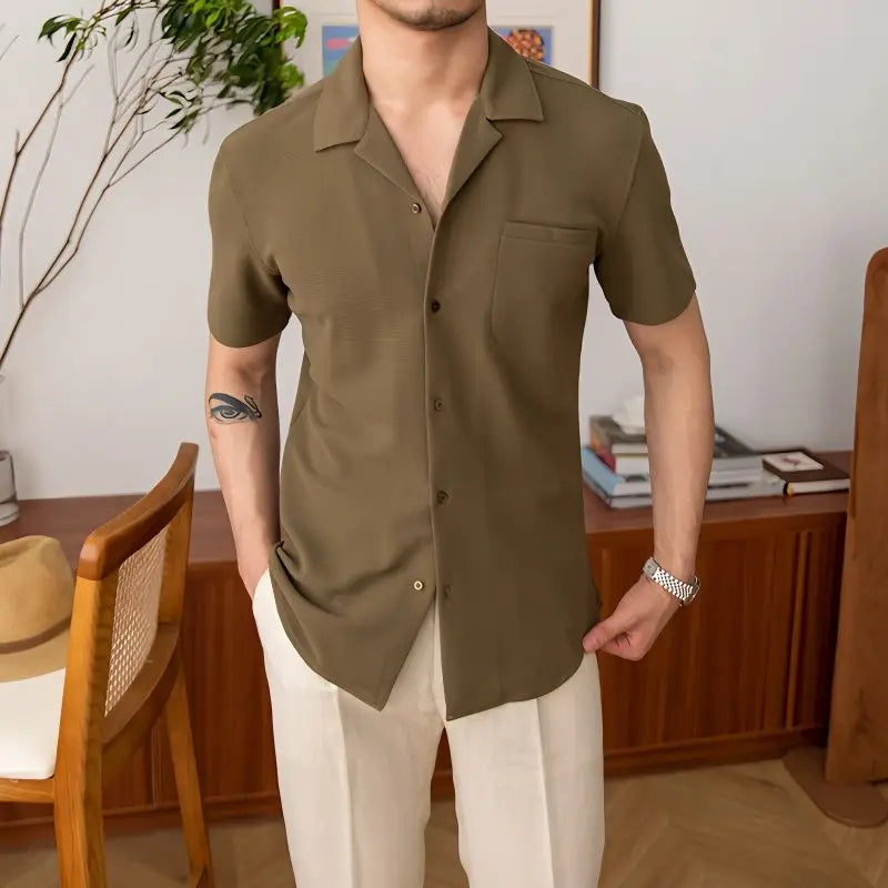 Handsome Turn-Down Collar Short Sleeve Shirts Solid Color Pockets Man Summer Thin Temperament Fashion Casual Men'S Clothing 2023